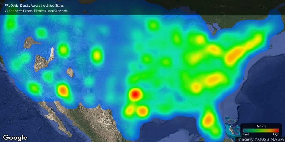 FFL dealer density heatmap across the United States